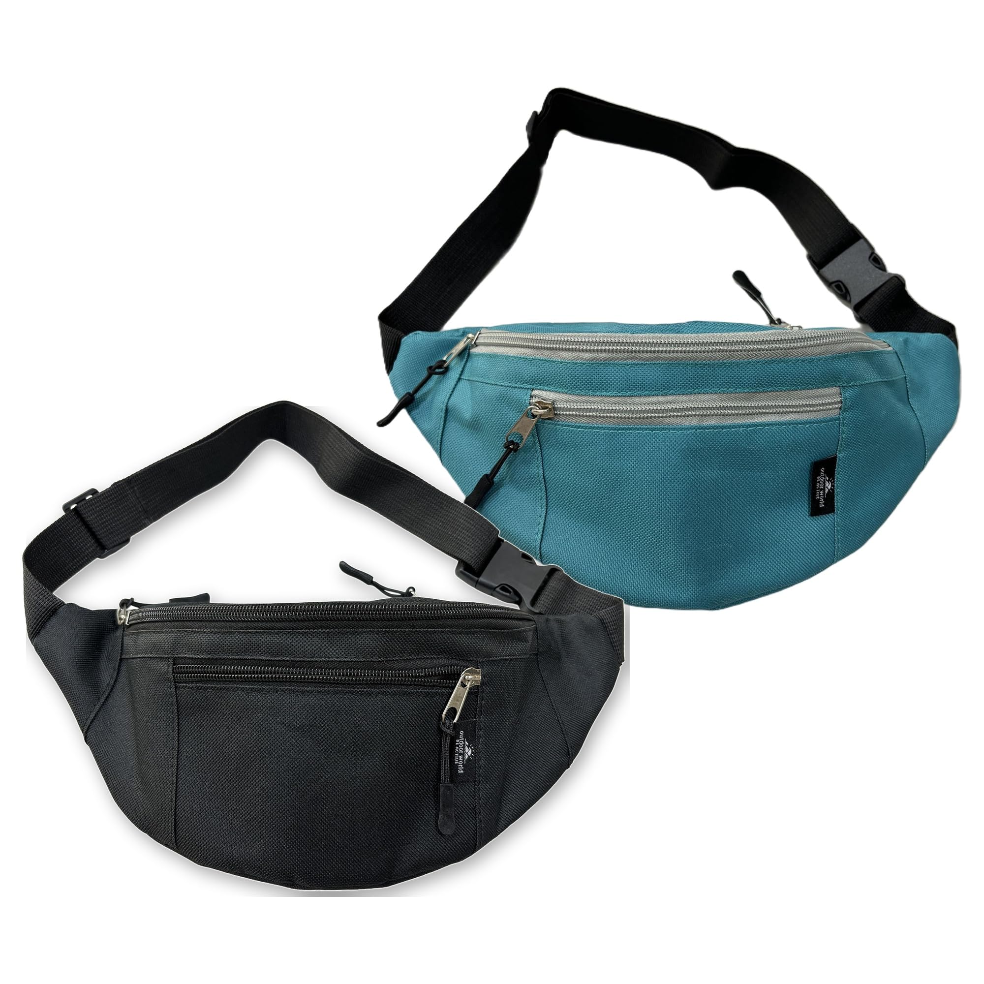 Outdoor World Bum Bag, 2 Pack, Waist Belt Fanny Pack - Black & Teal